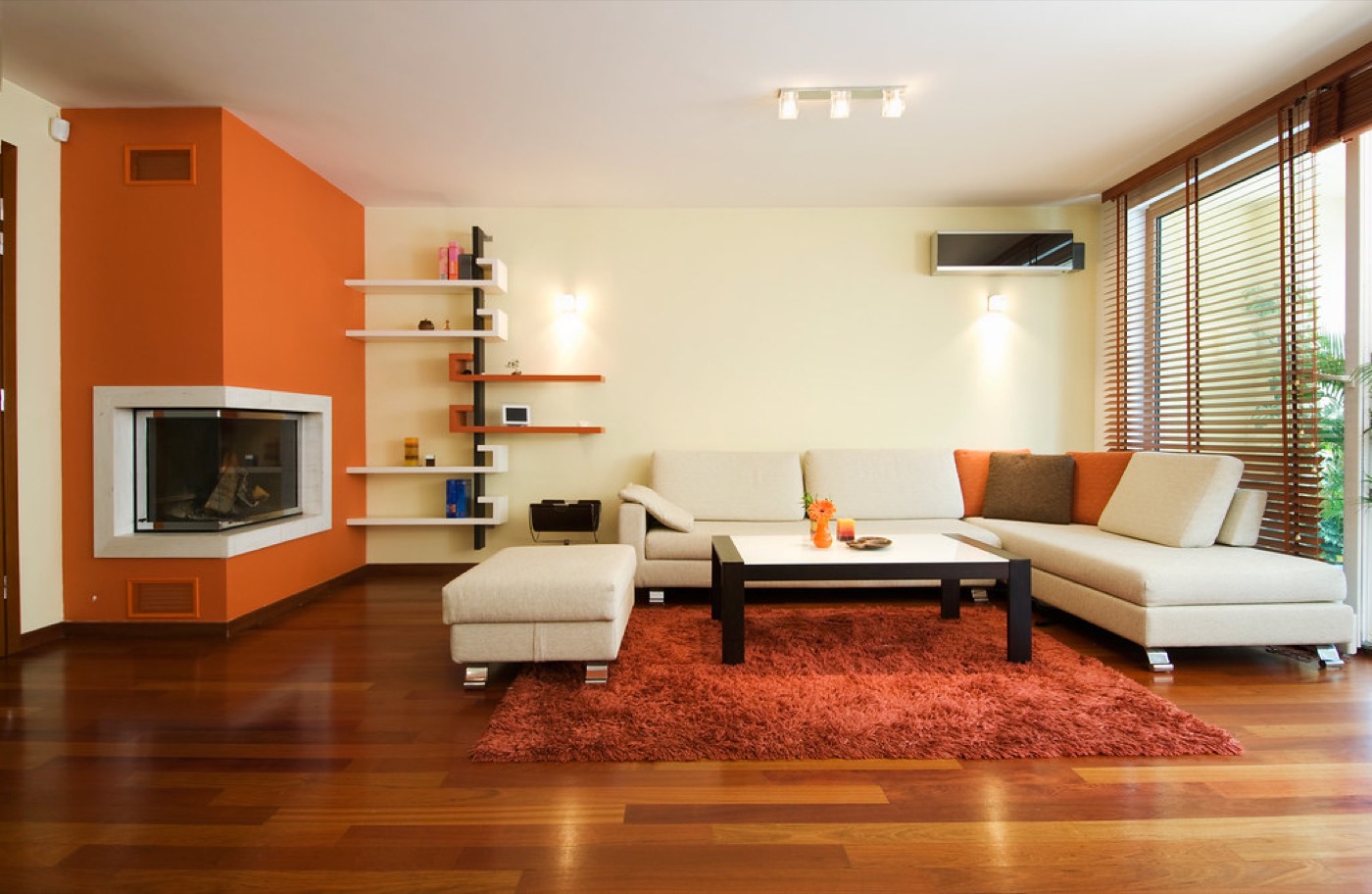Alfombra en un salón junto a un sofá y suelo de madera